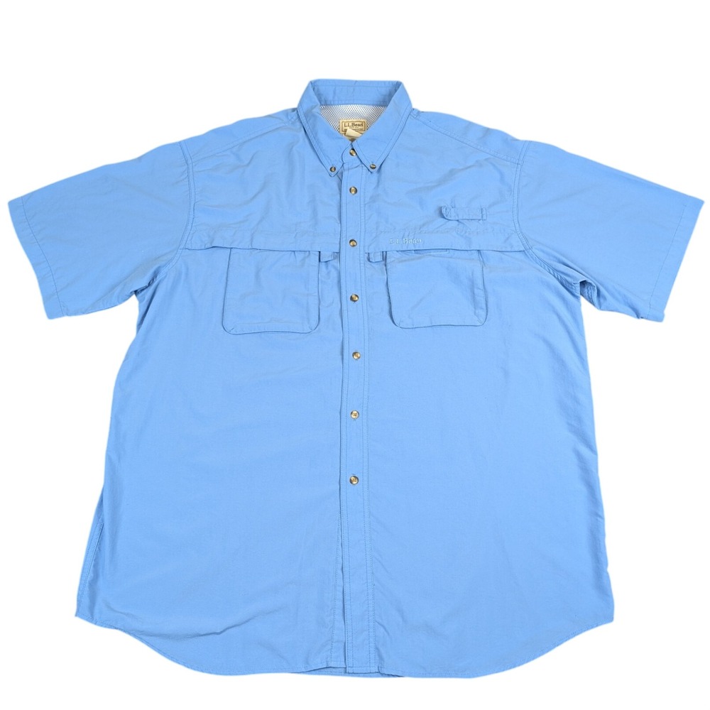 LL Bean Mens XL Tall Blue Short Sleeve Vented Fishing Shirt Button Down 0737
